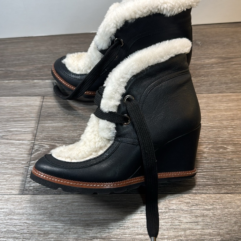 Fabianelli black leather wedges ankle boots woman’s size 7.5 (b13) - Picture 3 of 11